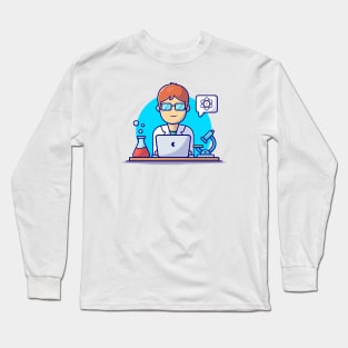 Cute Female Scientist Operating Laptop In The Laboratory Cartoon Vector Icon Illustration Long Sleeve T-Shirt